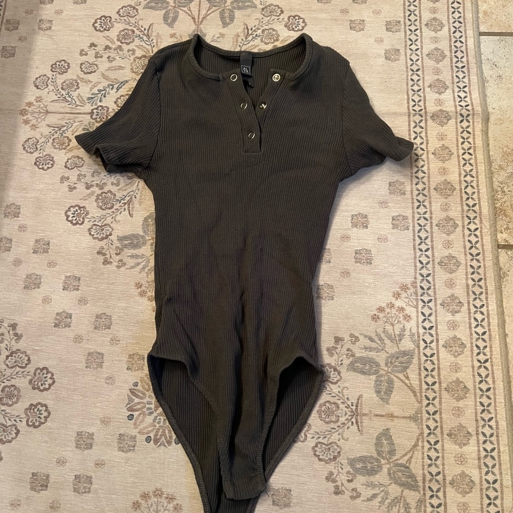 Green Ribbed Bodysuit with Button Detail